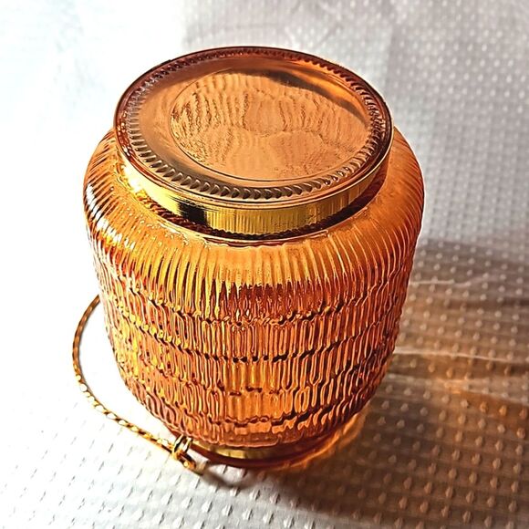6 1/4" Orange Textured Glass Lantern/Vase with Gold Handle & Bands - Picture 6 of 8